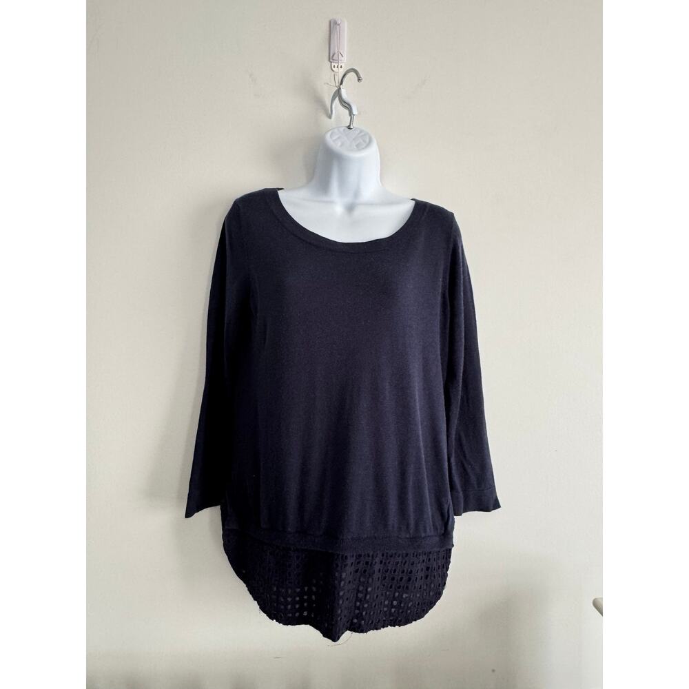 Anthropologie Moth Navy‎ Sweater Top L Layered Eyelet Hem Back Button Detail